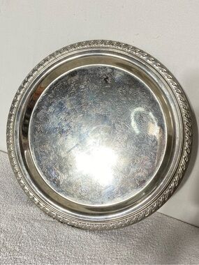 Vintage Silver Tone Round Serving Tray 13” Ornate Etched Floral Platter Rim